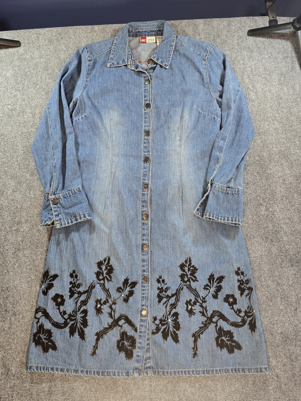 Vintage Y2K Denim Dress Womens L Button Front Long Sleeve Floral Trim